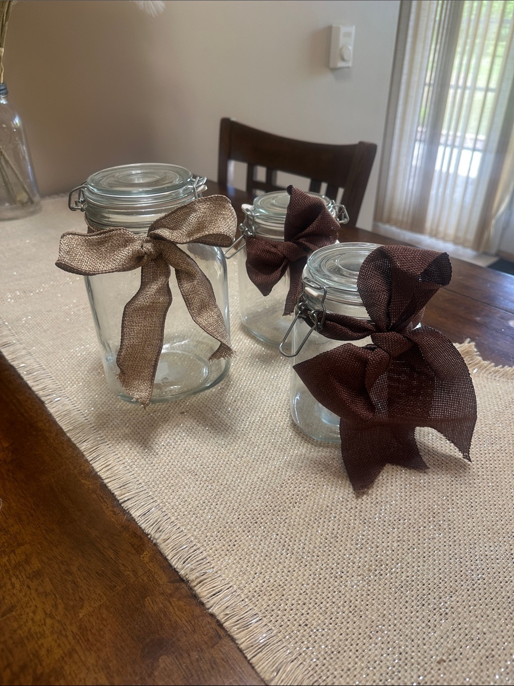 Set of 3 Glass Canisters with Decorative Bows and table runner